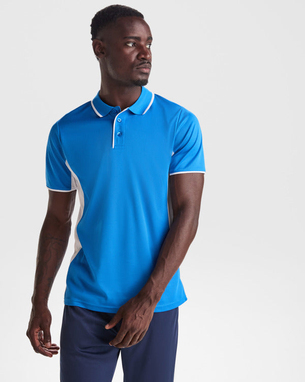 Roly Montmelo men's polo shirt in white/black, alternative view, ready for logo printing or embroidery