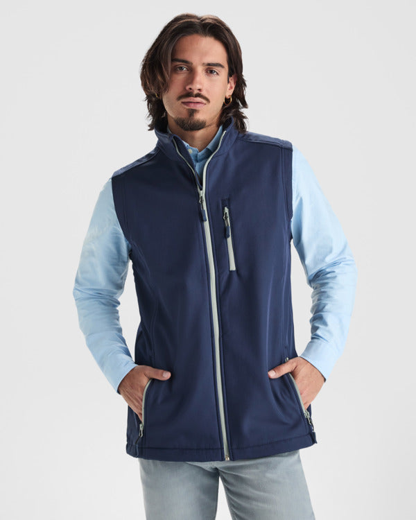 Roly Nevada men's softshell gilet in black, alternative view, ready for logo printing or embroidery