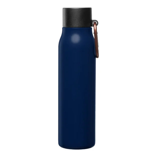 Strata Recycled Stainless Steel Carabiner Vacuum Bottle promotional thermal bottle in navy blue laser engraved with your