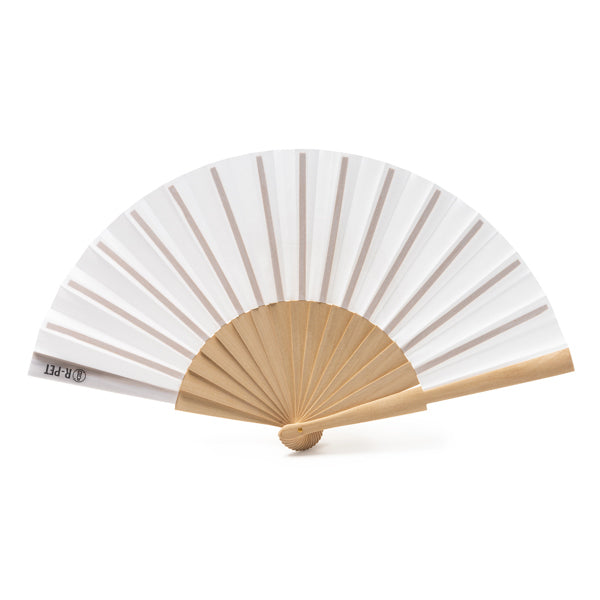 Stamina Milos hand fan with wooden ribs and RPET fabric, ready for logo printing