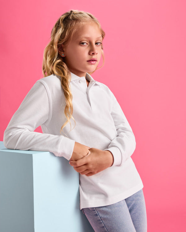 Roly Carpe Child kids' long-sleeve polo shirt in white, alternative view, ready for logo printing or embroidery