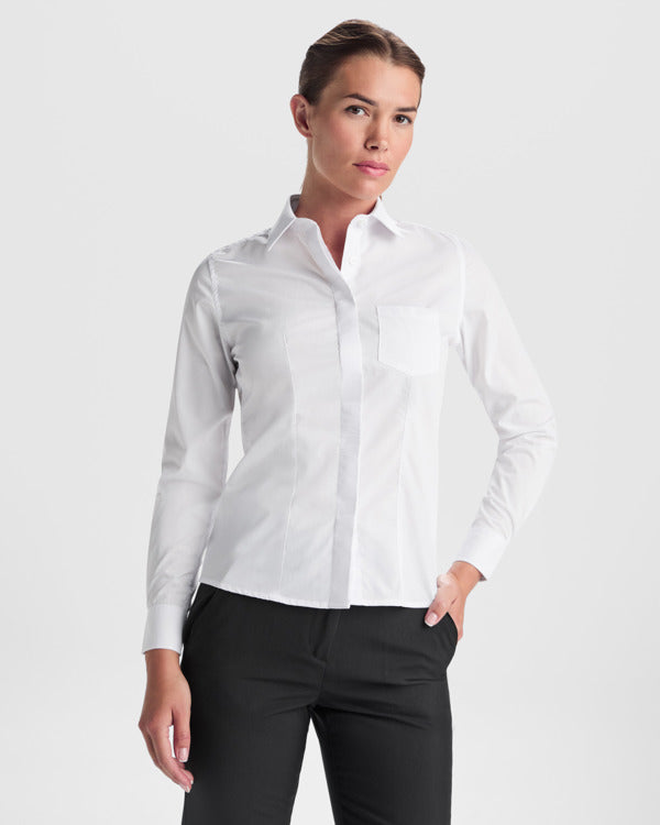 Roly WRK Sofia L/s women's shirt in white, alternative view, ready for logo printing or embroidery