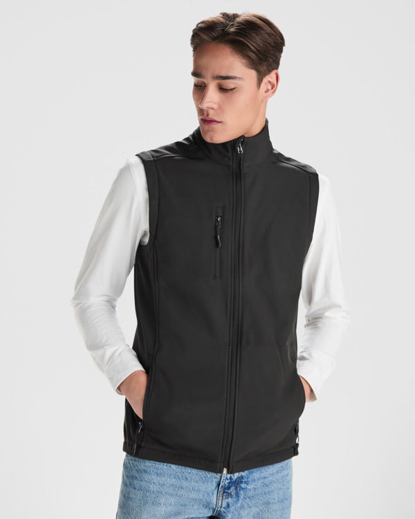 Roly Quebec men's softshell gilet in black, alternative view, ready for logo printing or embroidery