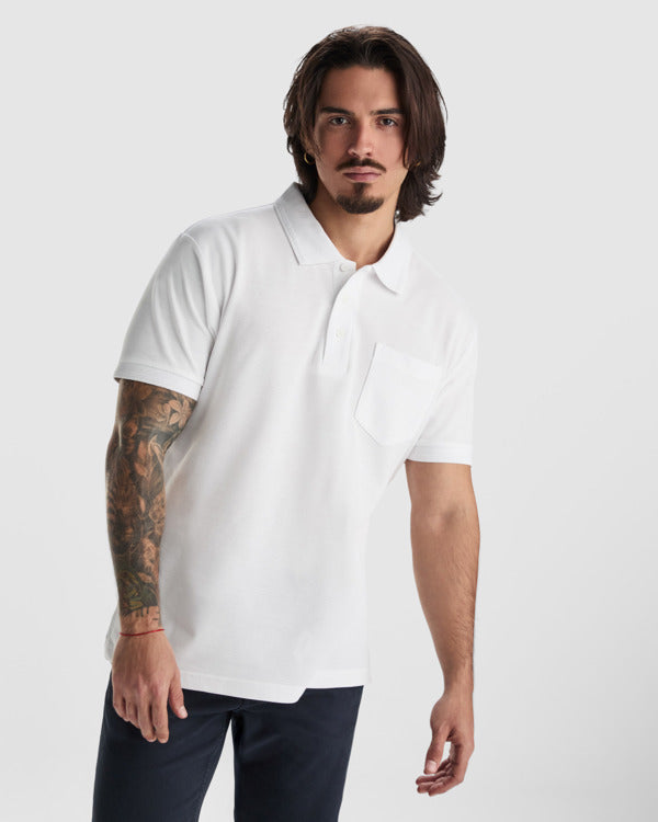 Roly Centauro Premium men's polo shirt in white, alternative view, ready for logo printing or embroidery
