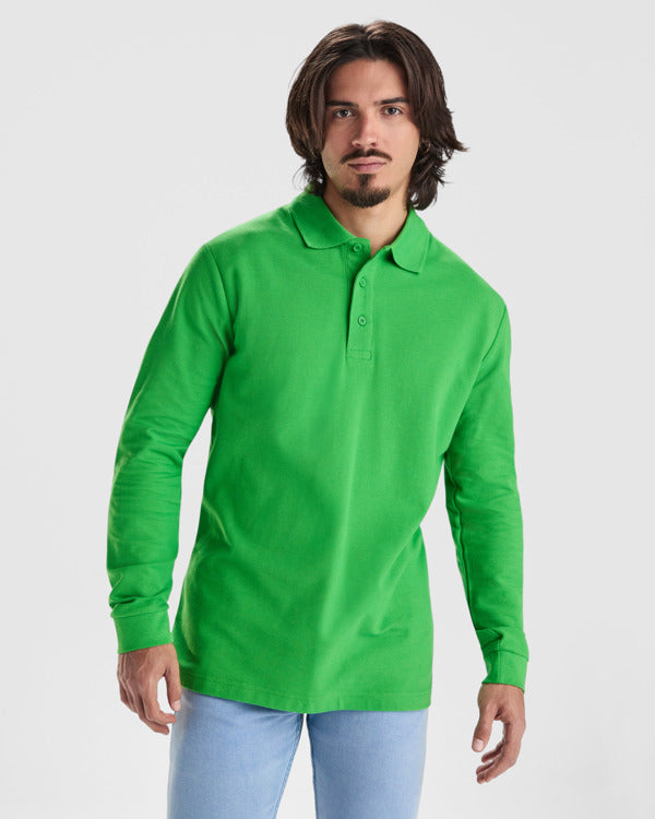 Roly Estrella L/s men's long-sleeve polo shirt in white, alternative view, ready for logo printing or embroidery