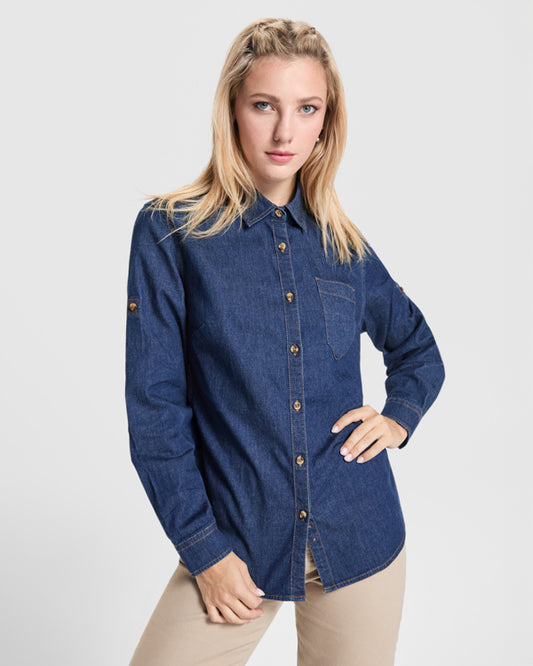 Roly WRK Lujan Woman women's shirt in blue jeans, alternative view, ready for logo printing or embroidery