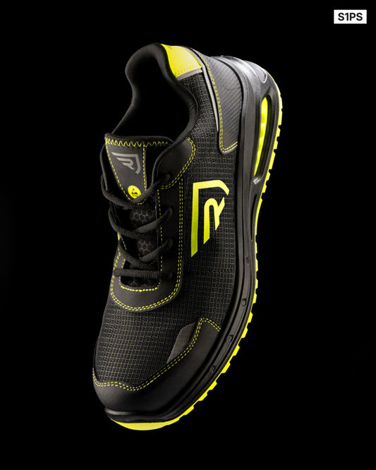 Roly WRK Beryl unisex work shoes in black/fluor yellow, alternative view, ready for logo printing or embroidery