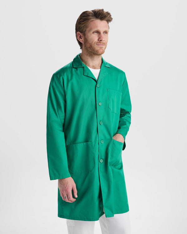 Roly WRK Vaccine men's lab coat in white, alternative view, ready for logo printing or embroidery