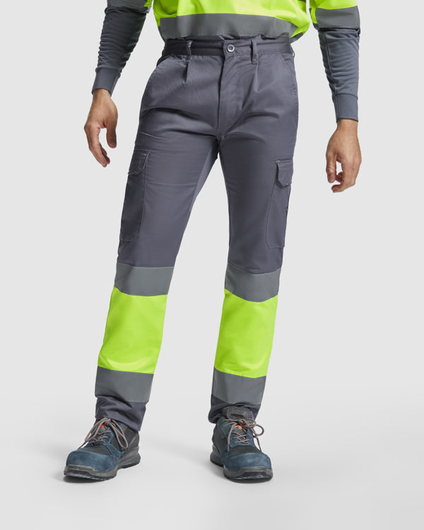 Roly WRK Soan men's high-visibility trousers in lead/fluor yellow, alternative view, ready for logo printing or embroidery