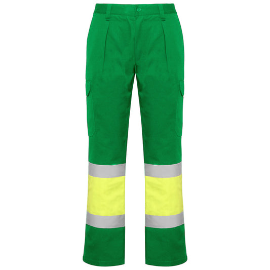 Roly WRK Soan men's high-visibility trousers in garden green/fluor yellow, ready for logo printing or embroidery