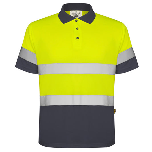 Roly WRK Polaris men's high-visibility polo shirt in lead/fluor yellow, ready for logo printing or embroidery