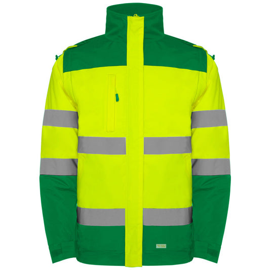 Roly WRK Epsylon men's high-visibility padded jacket in garden green/fluor yellow, ready for logo printing or embroidery