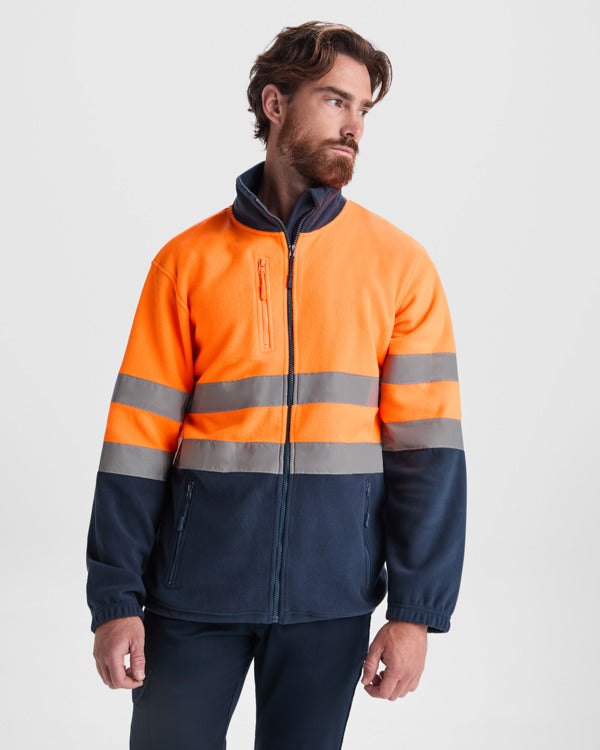 Roly WRK Altair men's high-visibility fleece jacket in fluor yellow, alternative view, ready for logo printing or embroidery