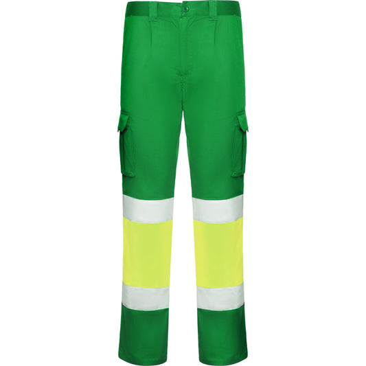 Roly WRK Daily Stretch HV men's high-visibility trousers in garden green/fluor yellow, ready for logo printing or embroidery