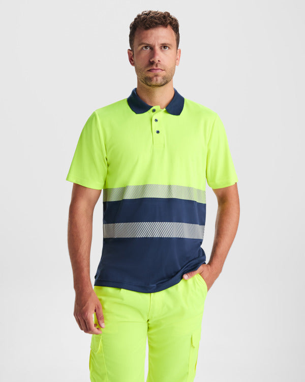 Roly WRK Vega unisex high-visibility polo shirt in navy blue/fluor yellow, alternative view