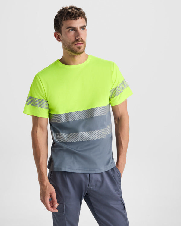 Roly WRK Tauri men's high-visibility T-shirt in fluor yellow, alternative view, ready for logo printing or embroidery
