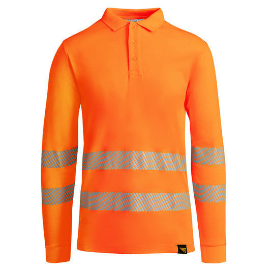 Roly WRK Atrio LS men's high-visibility long-sleeve polo shirt in fluor orange, ready for logo printing or embroidery