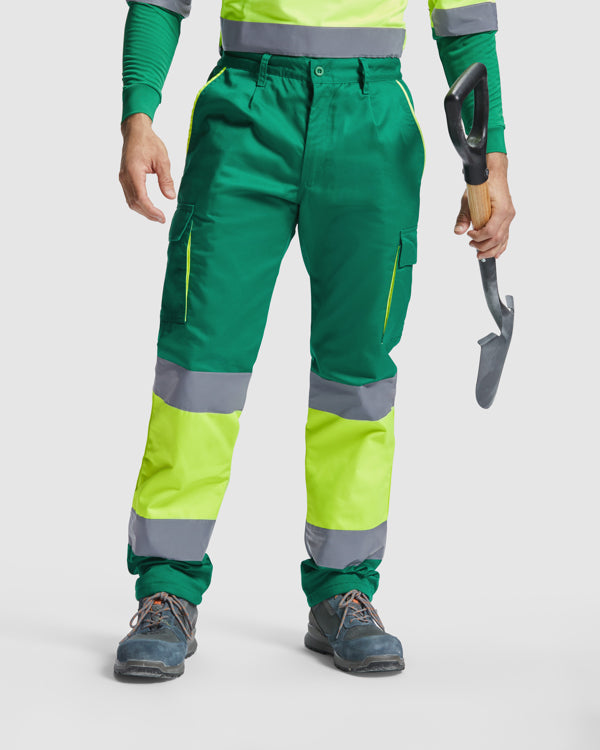 Roly WRK Enix men's high-visibility trousers in lead/fluor yellow, alternative view, ready for logo printing or embroidery