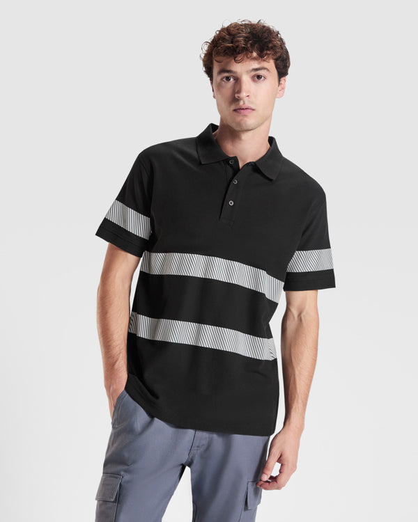 Roly WRK Foran unisex high-visibility polo shirt in black, alternative view, ready for logo printing or embroidery