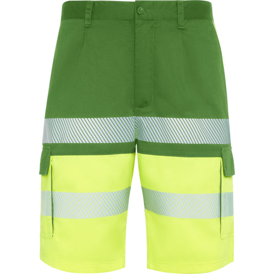 Roly WRK Lada unisex high-visibility shorts in garden green/fluor yellow, ready for logo printing or embroidery