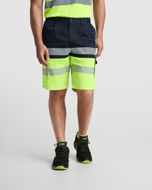 Roly WRK Lada unisex high-visibility shorts in lead/fluor yellow, alternative view, ready for logo printing or embroidery