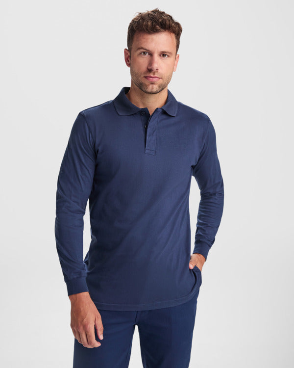 Roly WRK Santana unisex flame-retardant long-sleeve polo shirt in navy blue, alternative view