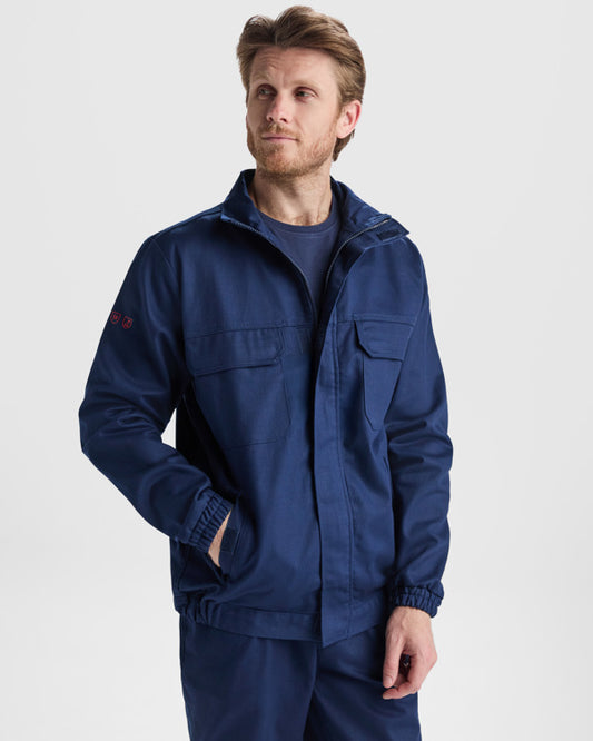 Roly WRK Cruiser unisex flame-retardant jacket in navy blue, alternative view, ready for logo printing or embroidery