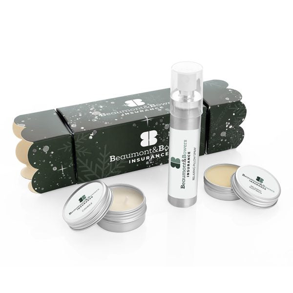 Relaxing Christmas Cracker Gift Set branded home accessory in white printed with your company logo