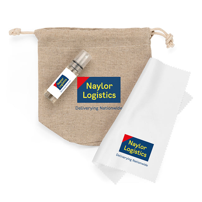 3 Piece Glasses and Screen Cleaning Set in a Hemp Bag branded desk accessory in beige/white printed with your company logo