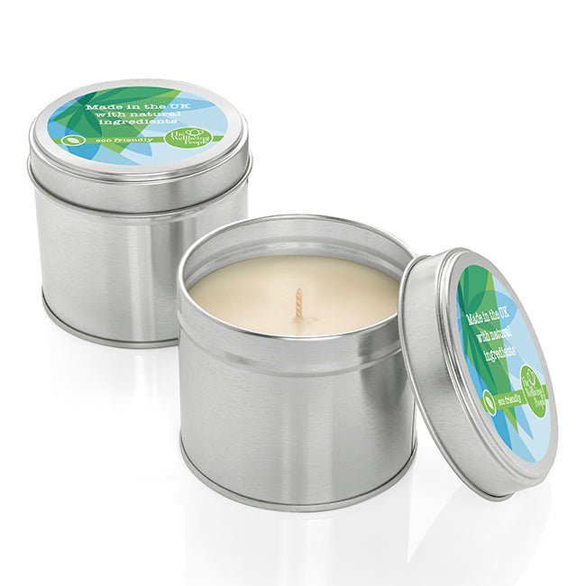 Natural Wax Candle in a Tin (135g) branded candle in silver printed with your company logo