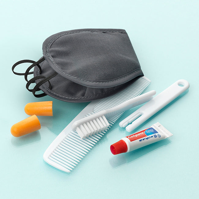 Travel Amenity Kit Standard branded personal care item in black, clear, orange, white printed with your company logo