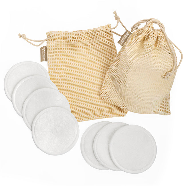 7 Reusable, Washable Make-up Rounds in a Mesh Bag branded beauty item in beige printed with your company logo