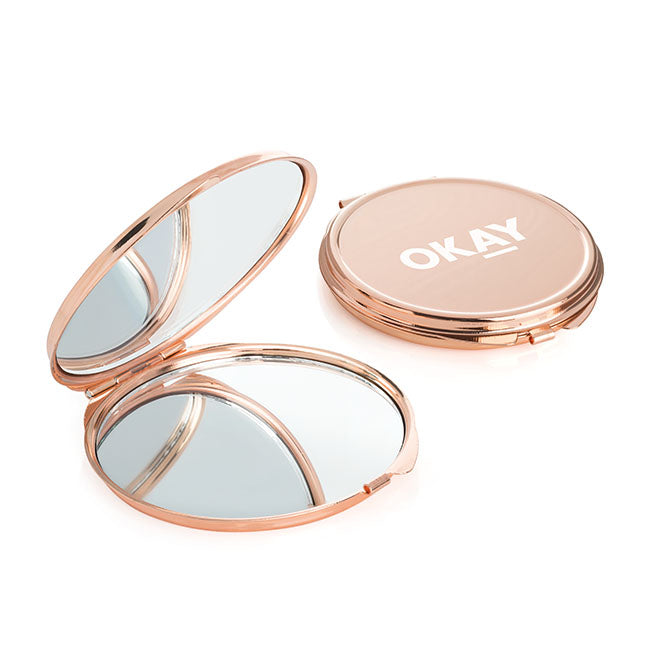 Rose Gold Coloured Double Compact Mirror branded beauty item in rose gold engraved with your company logo