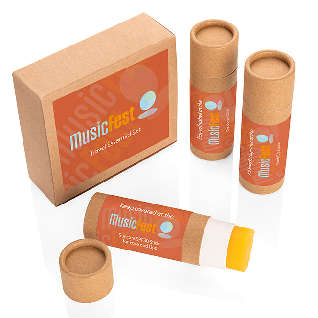 3pc Travel Essentials Set in a Box branded travel essential in brown printed with your company logo
