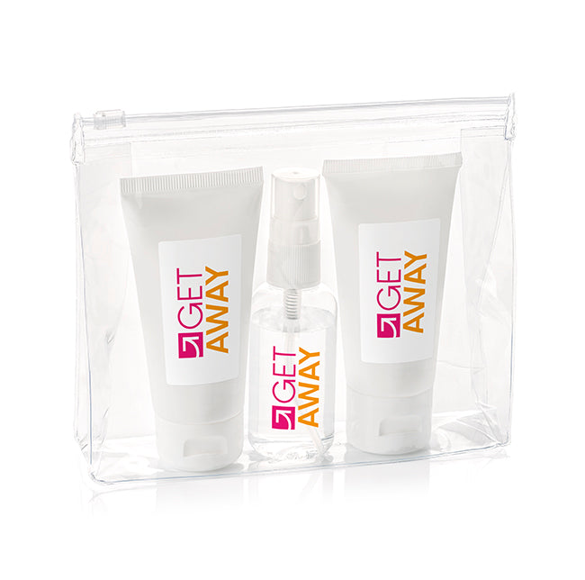 3pc Sun Care Kit in a PVC Pouch branded personal care item in clear/white printed with your company logo