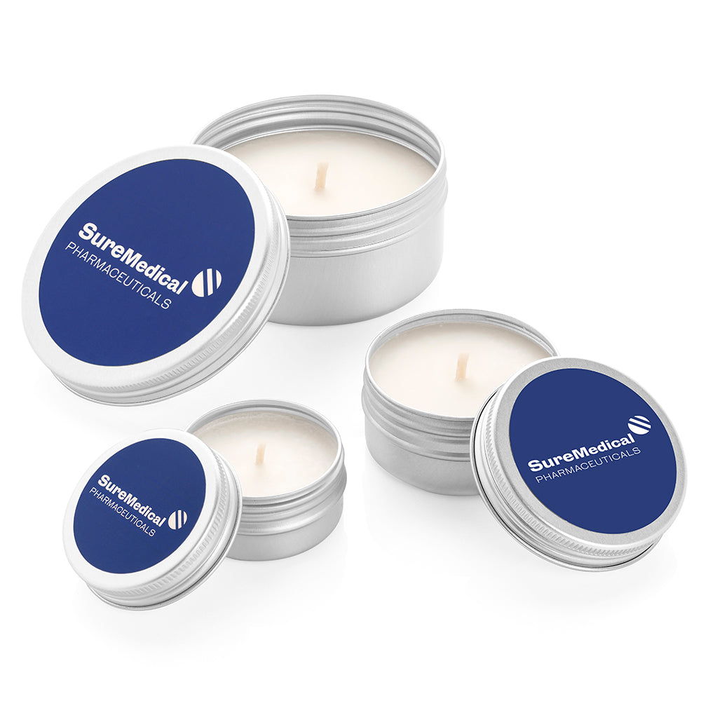 Mini Natural Wax Candle in a Tin (35g) branded candle in silver/white printed with your company logo