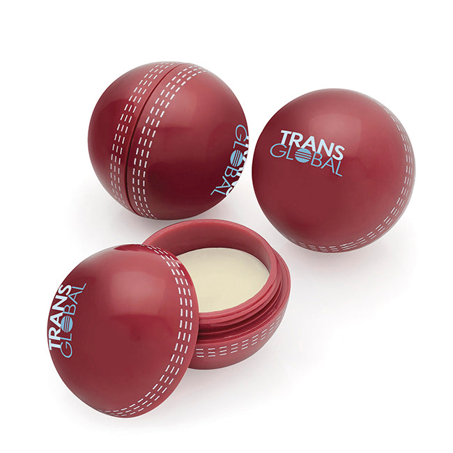 Cricket Ball Shaped Lip Balm branded beauty item in red printed with your company logo