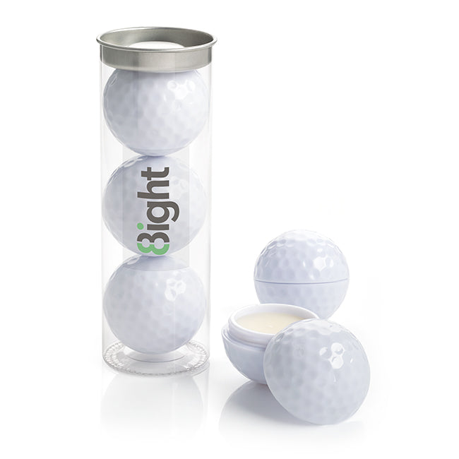 Set of 3 Golf Ball Lip Balms in a Tube branded beauty item in white printed with your company logo