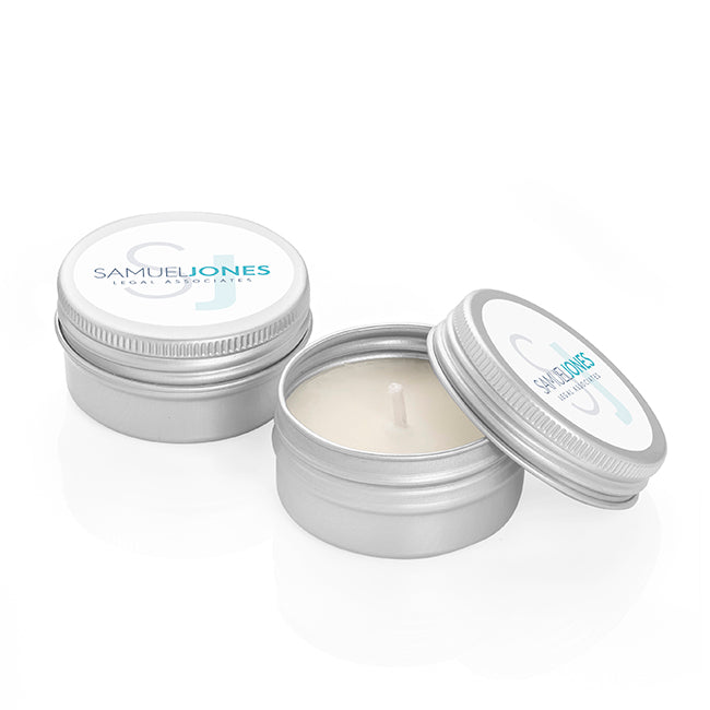 Mini Natural Wax Candle in a Tin (20g) branded candle in silver/white printed with your company logo
