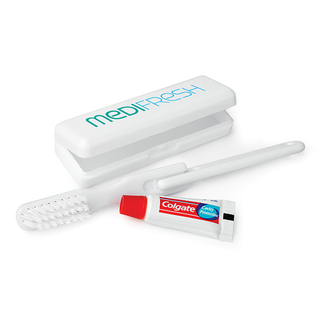 White Travel Toothbrush Set with Colgate Toothpaste branded personal care item in white printed with your company logo