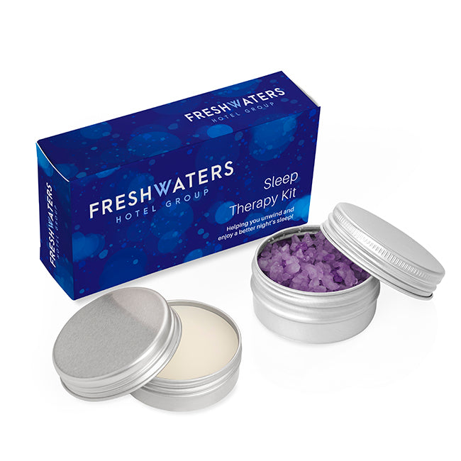 2 Piece Sleep Easy/Relaxing Therapy Set branded wellbeing gift in white/silver printed with your company logo