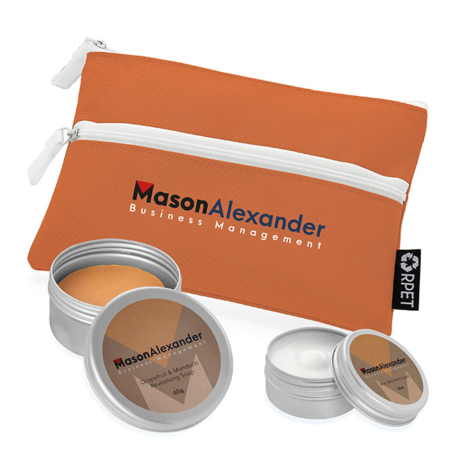 Grapefruit & Mandarin Hand Care Set in a Printed rPET Bag branded home accessory in orange printed with your company logo