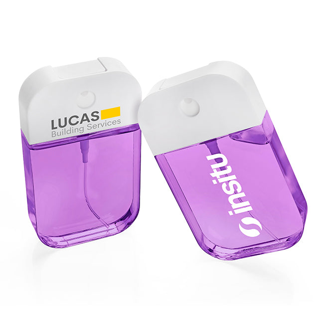 Refillable Hand Sanitiser Spray in a Purple Container (50ml) branded hygiene essential in purple printed with your company