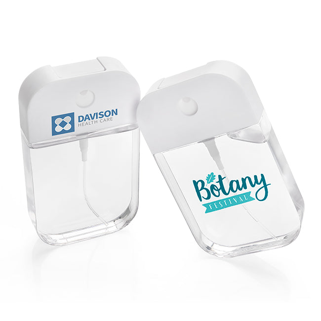 Refillable Hand Sanitiser Spray in a Clear Container (50ml) branded hygiene essential in clear printed with your company logo