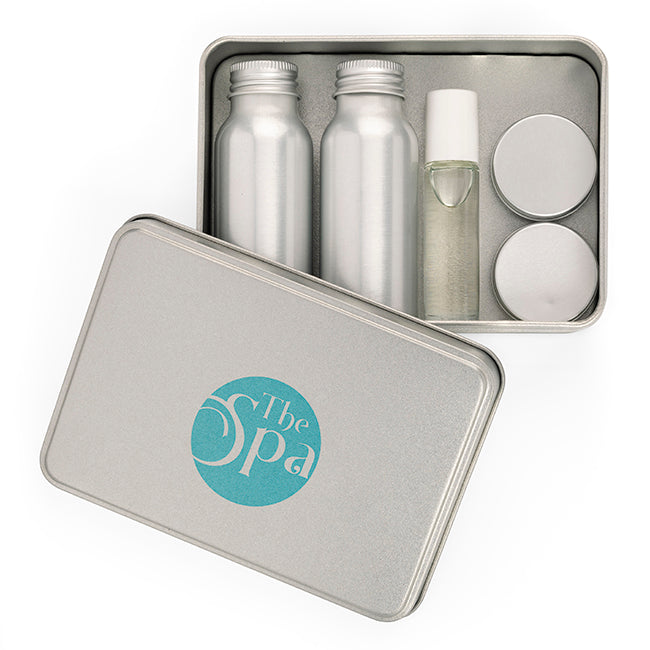 Personal Wellbeing / Spa Set in a Tin branded wellbeing gift in silver printed with your company logo