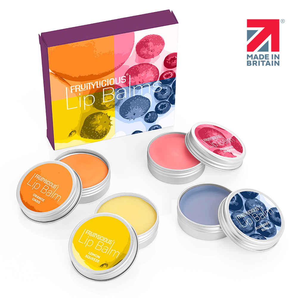 4 Piece Fruitylicious Lip Balm Collection in a Printed Box branded beauty item in white/silver printed with your company logo