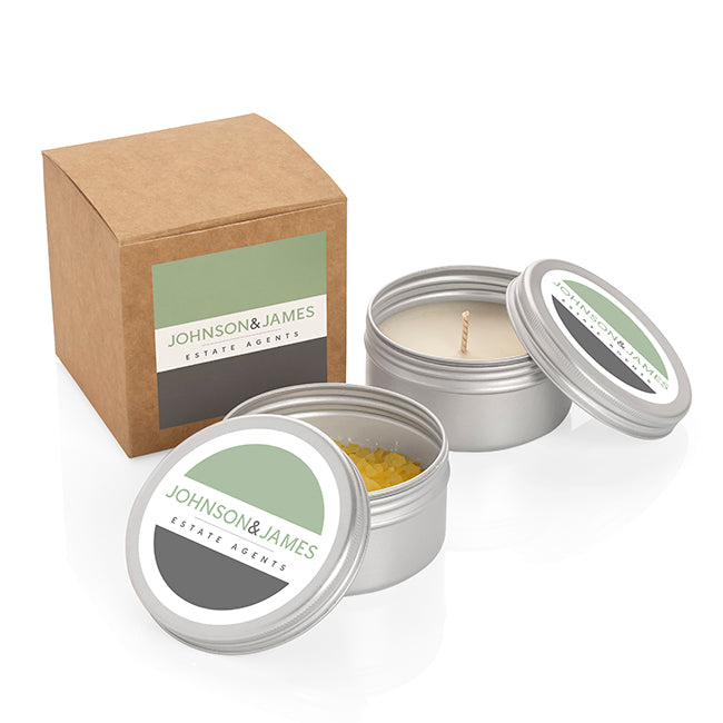 2pc Relaxing Set in a Brown Box branded wellbeing gift in brown/silver printed with your company logo