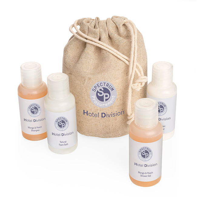 Weekend Travel Toiletry Set in a Hemp Bag branded personal care item in beige printed with your company logo