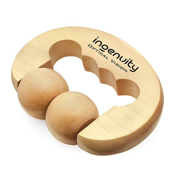 Wooden Roller Massager branded wellbeing gift in brown printed with your company logo