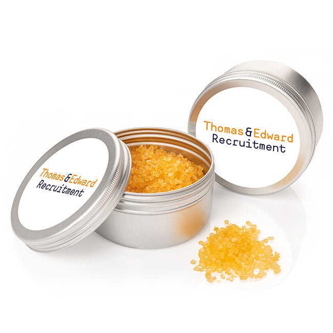 Fragranced Bath Salts in a Tin (100g) branded wellbeing gift in blue, green, orange, pink, purple, yellow printed with your